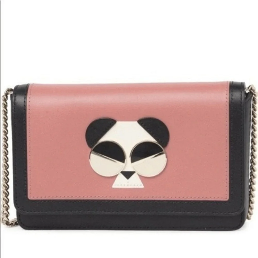 Kate Spade Gentle Panda Crossbody Leather Wallet Bag,‎ Pink/Black, NWT